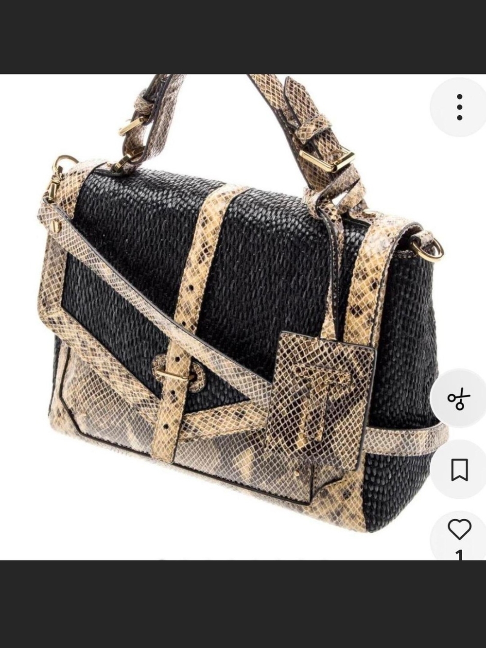 Tory Burch Black and Beige Snake-Trim Raffia Structured Satchel Handbag